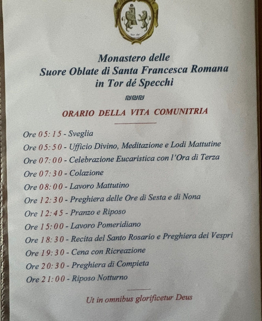 Orario della Vita Comunitaria